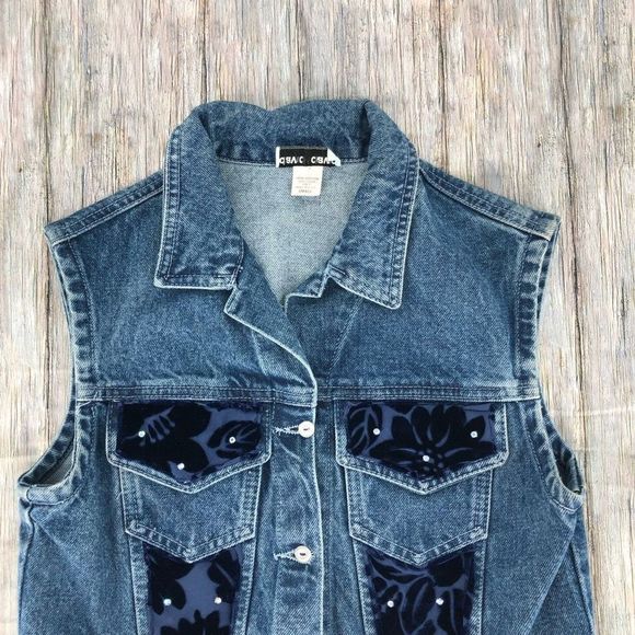 90’s Vintage Denim Floral Burnout Rhinestone Button Front Collared Vest Small - Picture 3 of 10